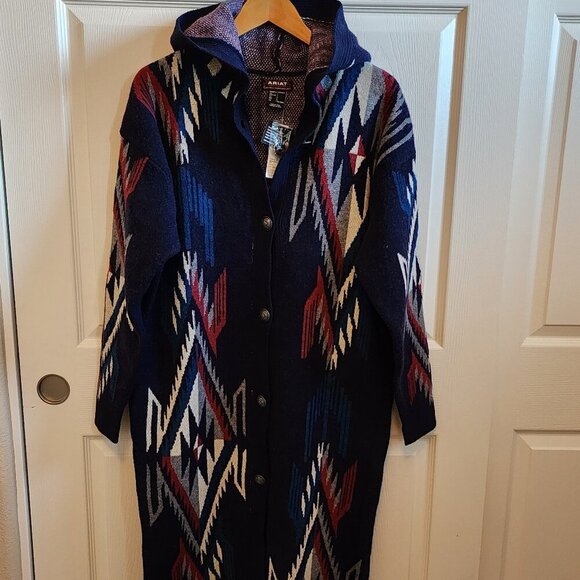 ARIAT Women's Chimayo Duster Sweater, Navy Jacquard M - Picture 1 of 8